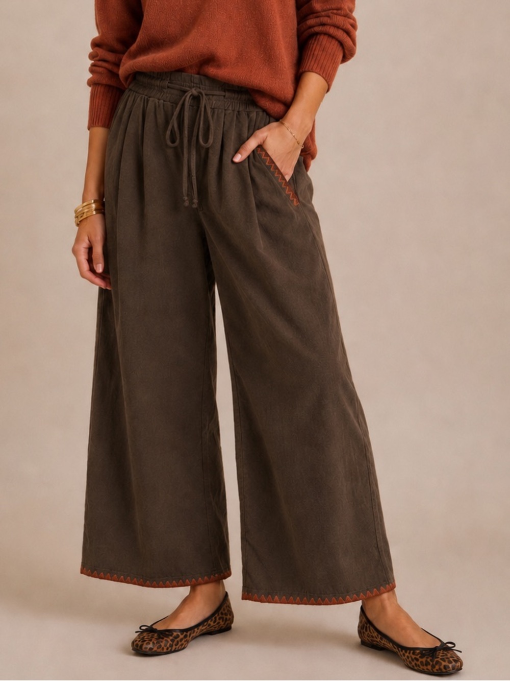 Olive Corduroy Wide Leg Pants with Rust Topstitch & Drawstring Waist
